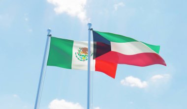 Kuveyt ve Meksika, iki bayrak sallayarak karşı mavi gökyüzü. 3D görüntü