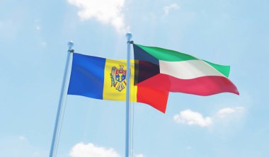 Kuveyt ve Moldova, iki bayrak sallayarak karşı mavi gökyüzü. 3D görüntü