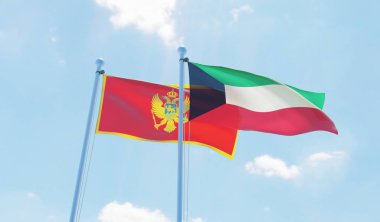 Kuveyt ve Karadağ, iki bayrak sallayarak karşı mavi gökyüzü. 3D görüntü