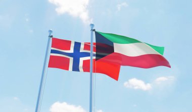 Kuveyt ve Norveç, iki bayrak sallayarak karşı mavi gökyüzü. 3D görüntü