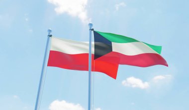 Kuveyt ve Polonya, iki bayrak sallayarak karşı mavi gökyüzü. 3D görüntü