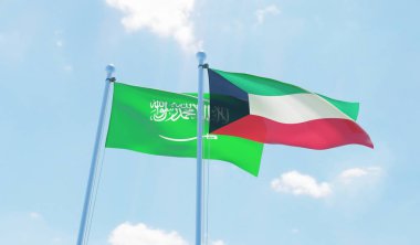 Kuveyt ve Suudi Arabistan, iki bayrak sallayarak karşı mavi gökyüzü. 3D görüntü