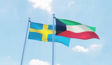 Kuveyt ve İsveç, iki bayrak sallayarak karşı mavi gökyüzü. 3D görüntü