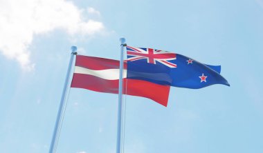 Letonya ve Yeni Zelanda, iki bayrak sallayarak karşı mavi gökyüzü. 3D görüntü