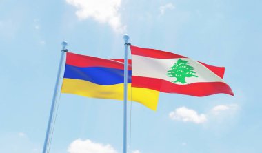 Lübnan ve Ermenistan, iki bayrak sallayarak karşı mavi gökyüzü. 3D görüntü