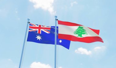 Lübnan ve Avustralya, iki bayrak sallayarak karşı mavi gökyüzü. 3D görüntü
