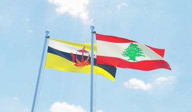 Lübnan ve Brunei, iki bayrak sallayarak karşı mavi gökyüzü. 3D görüntü