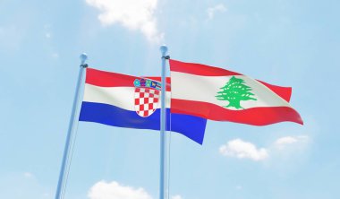 Lübnan ve Hırvatistan, iki bayrak sallayarak karşı mavi gökyüzü. 3D görüntü