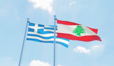 Lübnan ve Yunanistan, iki bayrak sallayarak karşı mavi gökyüzü. 3D görüntü