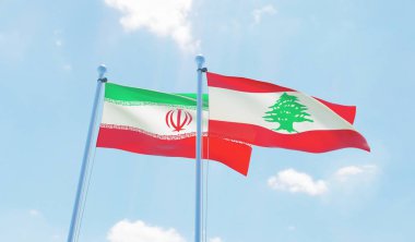 Lübnan ve Iran, iki bayrak sallayarak karşı mavi gökyüzü. 3D görüntü