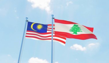 Lübnan ve Malezya, iki bayrak sallayarak karşı mavi gökyüzü. 3D görüntü