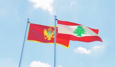 Lübnan ve Karadağ, iki bayrak sallayarak karşı mavi gökyüzü. 3D görüntü