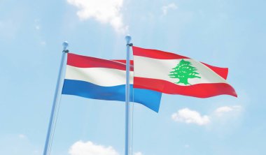 Lübnan ve Hollanda, iki bayrak sallayarak karşı mavi gökyüzü. 3D görüntü