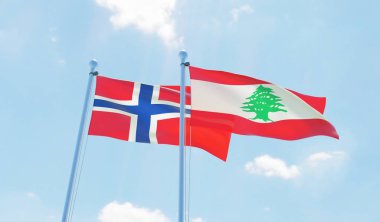 Lübnan ve Norveç, iki bayrak sallayarak karşı mavi gökyüzü. 3D görüntü