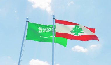 Lübnan ve Suudi Arabistan, iki bayrak sallayarak karşı mavi gökyüzü. 3D görüntü