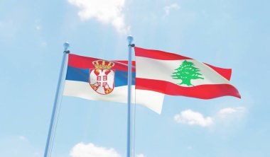 Lübnan ve Sırbistan, iki bayrak sallayarak karşı mavi gökyüzü. 3D görüntü
