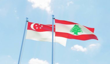 Lübnan ve Singapur, iki bayrak sallayarak karşı mavi gökyüzü. 3D görüntü