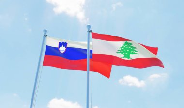 Lübnan ve Slovenya, iki bayrak sallayarak karşı mavi gökyüzü. 3D görüntü
