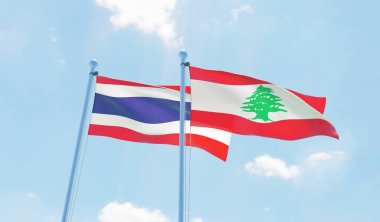 Lübnan ve Tayland, iki bayrak sallayarak karşı mavi gökyüzü. 3D görüntü