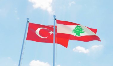 Lübnan ve Türkiye, iki bayrak sallayarak karşı mavi gökyüzü. 3D görüntü