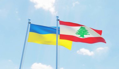 Lübnan ve Ukrayna, iki bayrak sallayarak karşı mavi gökyüzü. 3D görüntü