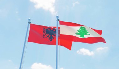 Lübnan ve Arnavutluk, iki bayrak sallayarak karşı mavi gökyüzü. 3D görüntü