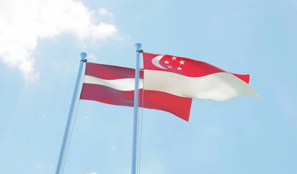 Латвия Сингапур Два Флага Размахивающих Голубым Небом Изображение — стоковое фото