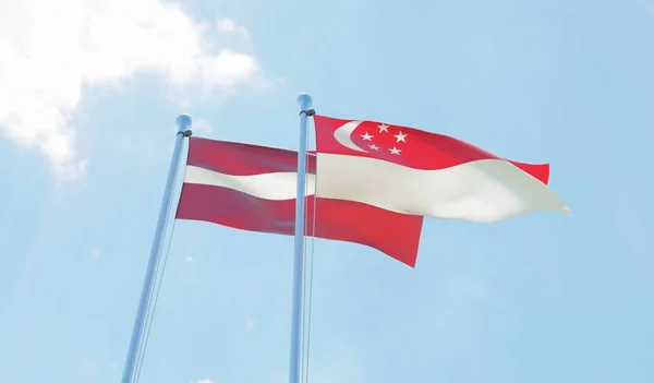 Lettland Och Singapore Två Flaggor Vajande Mot Blå Himmel Bild — Stockfoto