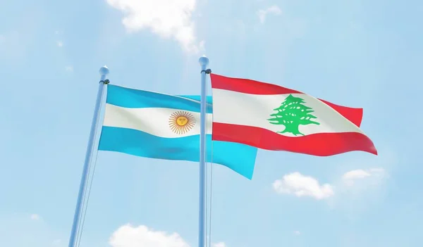 Libano Argentina Due Bandiere Che Sventolano Contro Cielo Blu Immagine — Foto Stock