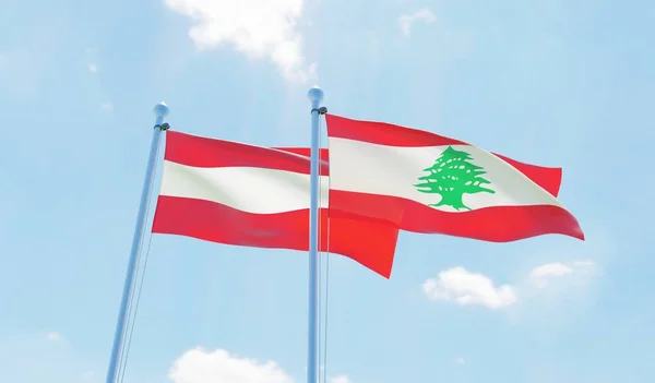 Libano Austria Due Bandiere Sventolano Contro Cielo Blu Immagine — Foto Stock