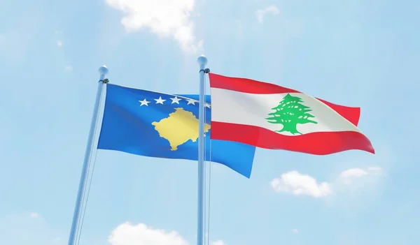 Libano Kosovo Due Bandiere Che Sventolano Contro Cielo Blu Immagine — Foto Stock
