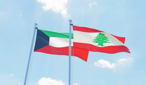 Libano Kuwait Due Bandiere Che Sventolano Contro Cielo Blu Immagine — Foto Stock