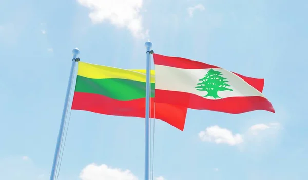 Libano Lituania Due Bandiere Sventolano Contro Cielo Blu Immagine — Foto Stock