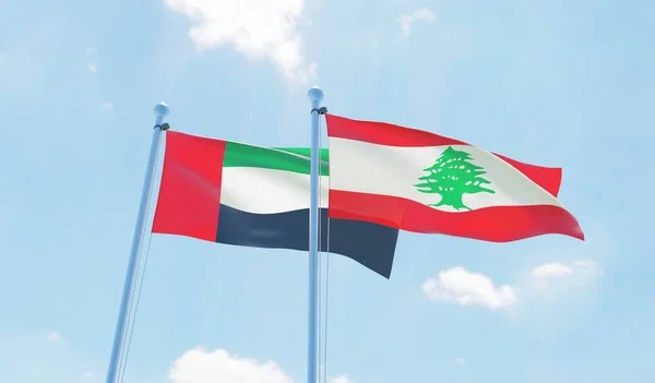 Libanon Spojené Arabské Emiráty Dva Vlají Proti Modré Obloze Obrázek — Stock fotografie