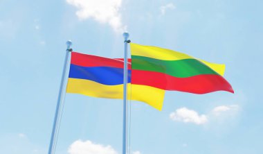 Litvanya ve Ermenistan, iki bayrak sallayarak karşı mavi gökyüzü. 3D görüntü