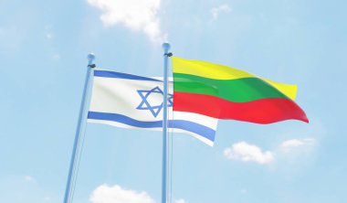 Litvanya ve İsrail, iki bayrak sallayarak karşı mavi gökyüzü. 3D görüntü