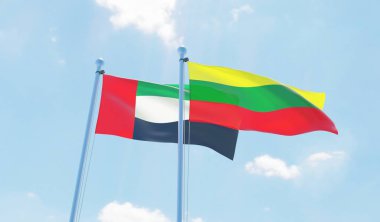 Litvanya ve Birleşik Arap Emirlikleri, iki bayrak sallayarak karşı mavi gökyüzü. 3D görüntü