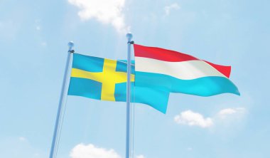 Lüksemburg ve İsveç, iki bayrak sallayarak karşı mavi gökyüzü. 3D görüntü