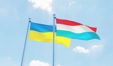 Lüksemburg ve Ukrayna, iki bayrak sallayarak karşı mavi gökyüzü. 3D görüntü