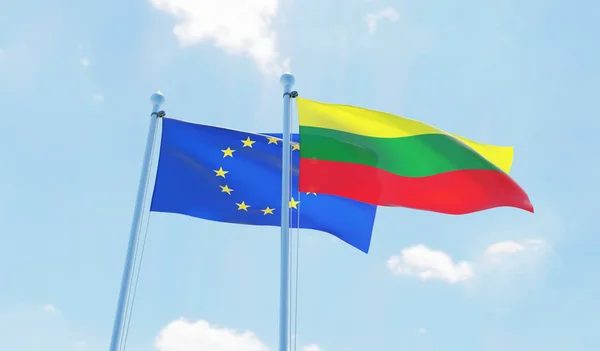 Lituânia União Europeia Duas Bandeiras Acenando Contra Céu Azul Imagem — Fotografia de Stock