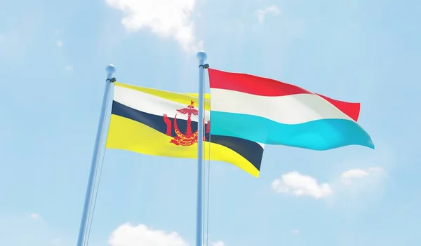Lucembursko Brunej Dva Vlají Proti Modré Obloze Obrázek — Stock fotografie