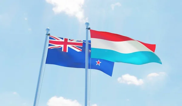 Lucembursko Nový Zéland Dva Vlají Proti Modré Obloze Obrázek — Stock fotografie