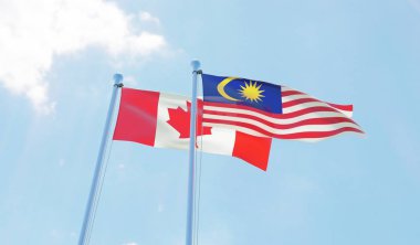 Malezya ve Kanada, iki bayrak sallayarak karşı mavi gökyüzü. 3D görüntü