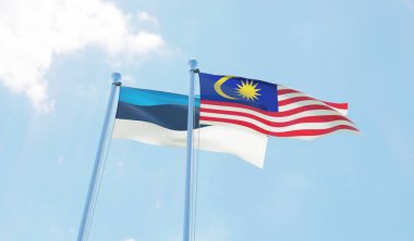 Malezya ve Estonya, iki bayrak sallayarak karşı mavi gökyüzü. 3D görüntü