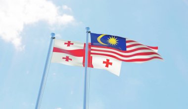 Malezya ve Georgia, iki bayrak sallayarak karşı mavi gökyüzü. 3D görüntü