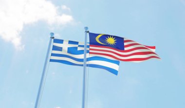 Malezya ve Yunanistan, iki bayrak sallayarak karşı mavi gökyüzü. 3D görüntü