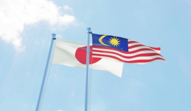 Malezya ve Japonya, iki bayrak sallayarak karşı mavi gökyüzü. 3D görüntü
