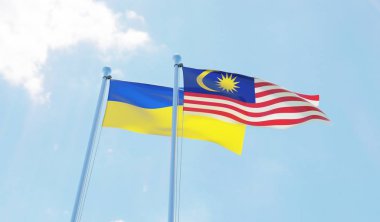 Malezya ve Ukrayna, iki bayrak sallayarak karşı mavi gökyüzü. 3D görüntü