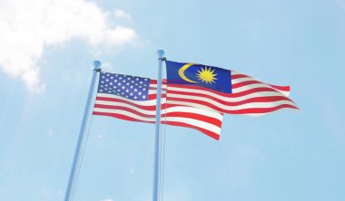 Malezya ve ABD, iki bayrak sallayarak karşı mavi gökyüzü. 3D görüntü