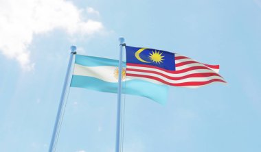 Malezya ve Arjantin, iki bayrak sallayarak karşı mavi gökyüzü. 3D görüntü